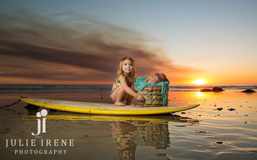 bucket sunset sisters surfboard newborn baby photography