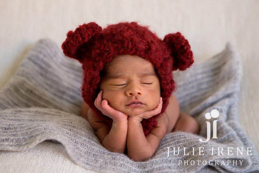 Red bear hat froggy pose newborn