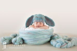 blue bunny hat newborn photo in a bucket