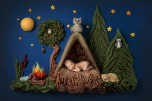 newborn boy in a camping theme photography