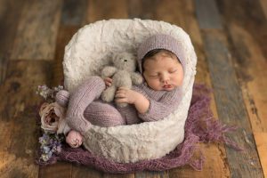 lavendar with teddy bear newborn baby
