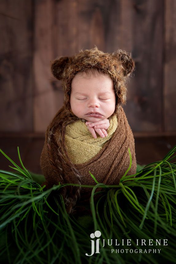 bear potato sack pose green grass newborn baby photo