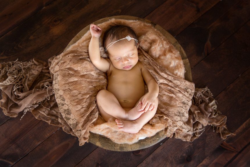wooden bowl peaches and dark wood newborn baby photographer