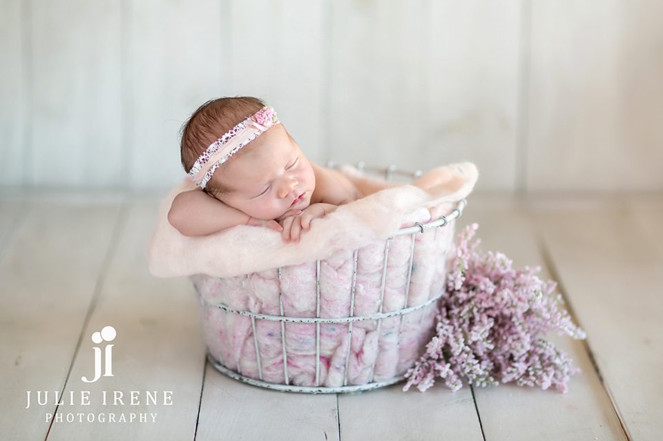 julie irene baby girl in wire basket with pink flowers and roving