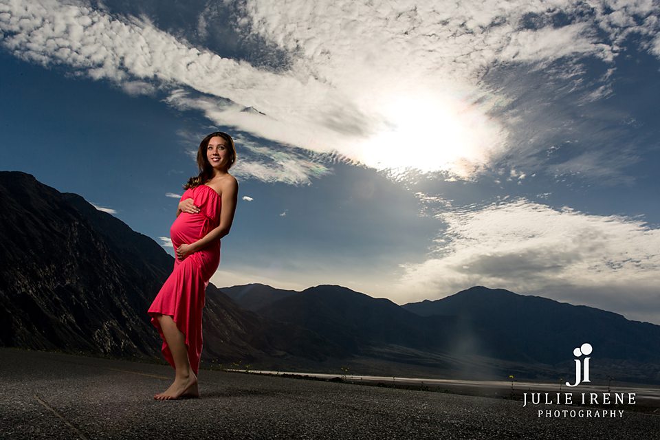 red dress maternity session death valley with mountains