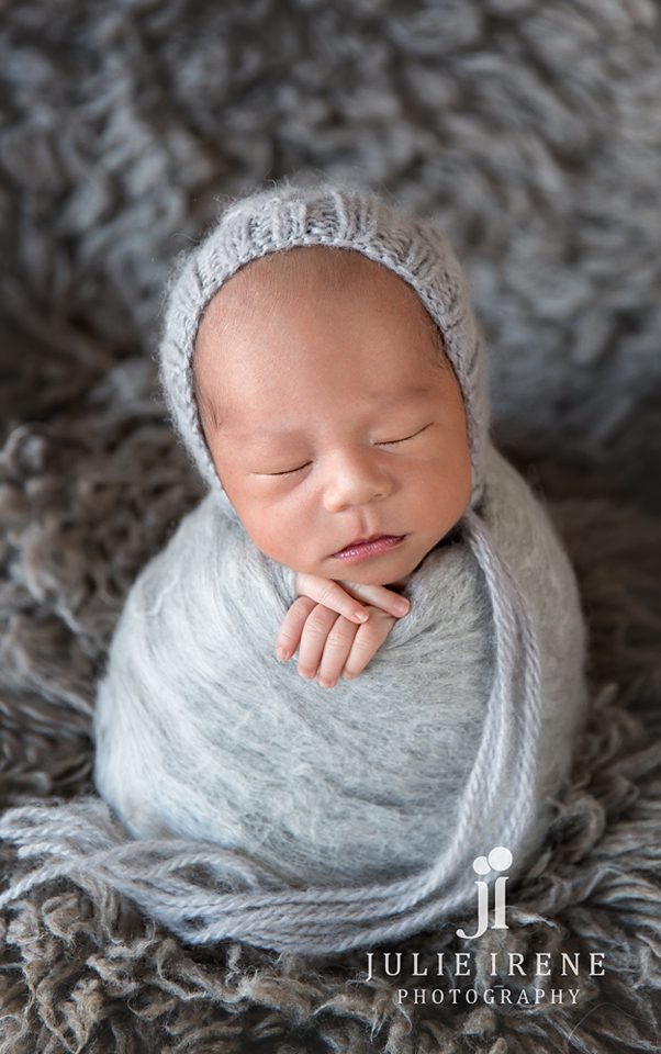 newborn baby boy potato sack with gray wool
