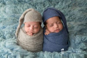 double potato sack pose with twin newborns