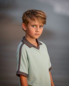 A young boy with light brown hair and blue eyes stands on a beach, wearing a pale green shirt with dark trim, looking seriously at the camera with a blurred shoreline in the background.